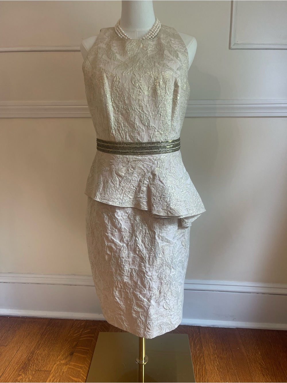 Carmen Marc Valvo Vintage Peplum Dress with Gold Waistband